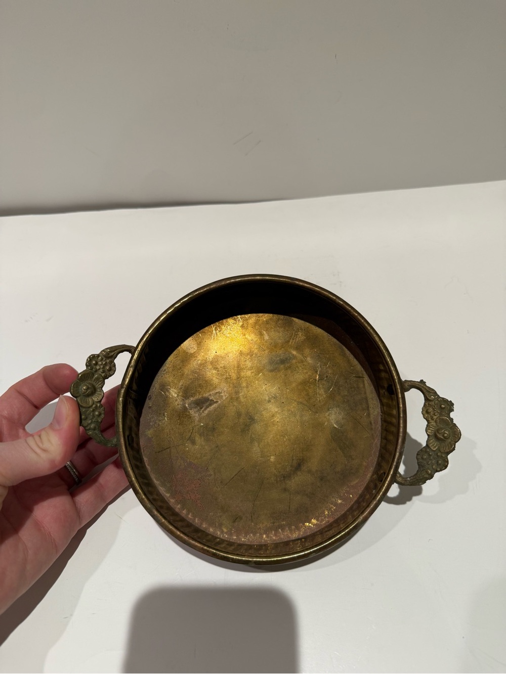 Vintage Brass Round Decorative Tray Dish Floral Handles Etched Rim